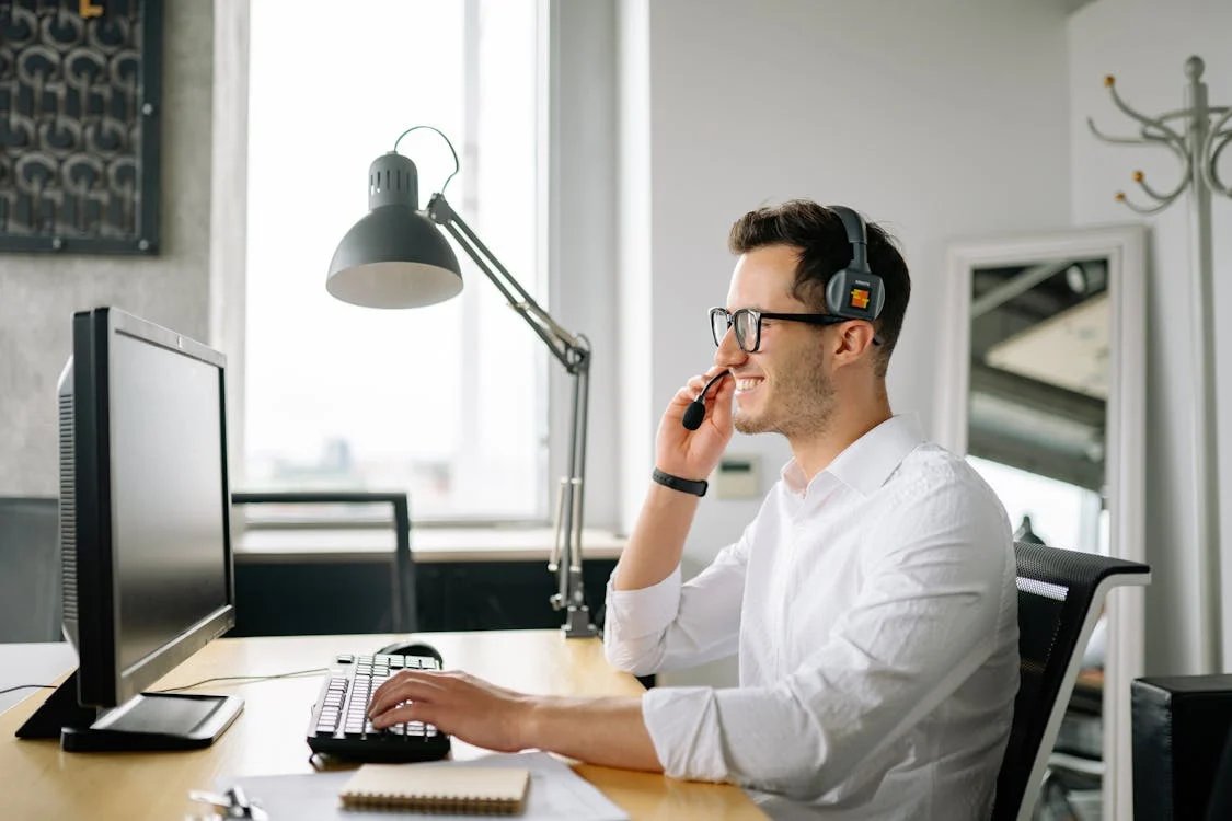 Customer support representative with headset
